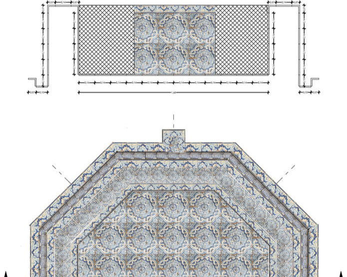 Levantamiento de patrones y esquema de cenefas para la rehabilitación de una fuente del siglo XVI — arriates y canalizaciones.